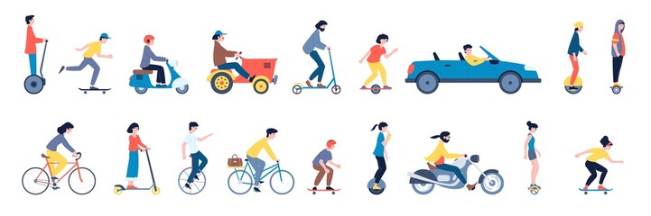 Fototapeta na wymiar People riding on car and segway, ride scooter and motorcycle. Alternative vehicle, isolated teens on skateboards and electric transport recent vector set