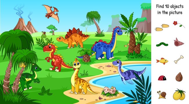 Hidden objects game. Dinosaur rainforest, visual gaming puzzle location to find 10 objects. Child cartoon garish landscape with dinos vector scene