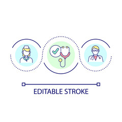 Qualified doctors and nurses loop concept icon. Trained medical professionals abstract idea thin line illustration. High skilled workers. Isolated outline drawing. Editable stroke. Arial font used