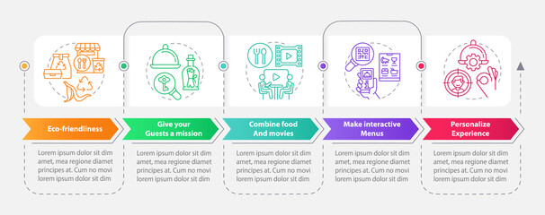 Unusual dining experiences rectangle infographic template. Data visualization with 5 steps. Editable timeline info chart. Workflow layout with line icons. Myriad Pro-Bold, Regular fonts used