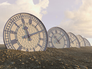 A line of half buried antique clocks made of blue iron with gold trim in a sandy gravel landscape - 3D render