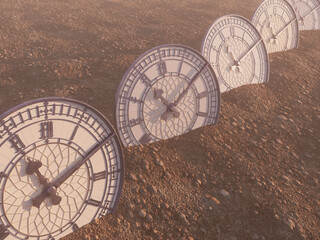 A line of half buried antique clocks made of blue iron with gold trim in a sandy gravel landscape - 3D render