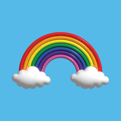 Colorful Rainbow with white clouds and blue sky 3d render Illustration. Colorful Rainbow. Rainbow arc shape, half circle, cloud, sky, bright spectrum colors, colorful striped pattern.