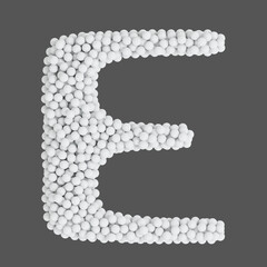 Letter E made of white balls, isolated on gray background, 3d rendering