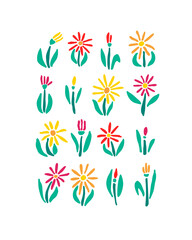 Pattern of colorful simple doodle flowers on white background