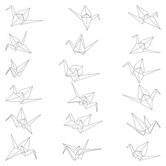 Set of origami crane vector outline illustration icon isolated on white background. Japanese traditional origami crane for infographic, website or app. Geometric line shape for art of folded paper.