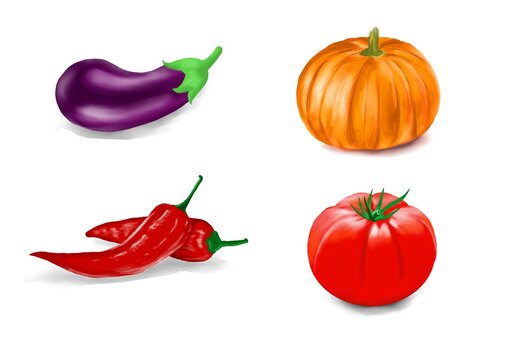 Painting Illustration of Eggplant, Pumpkin, Chili, Tomato