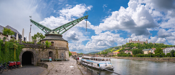 Panoramic Cityscape with an old Crane at the River Main - Wurzburg, Germany