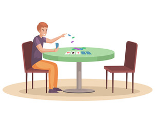 Home activity and recreation with logic game concept. Person playing with cards vector illustration. Male character spends time with poker alone. Man with playcards comes up with strategy for game