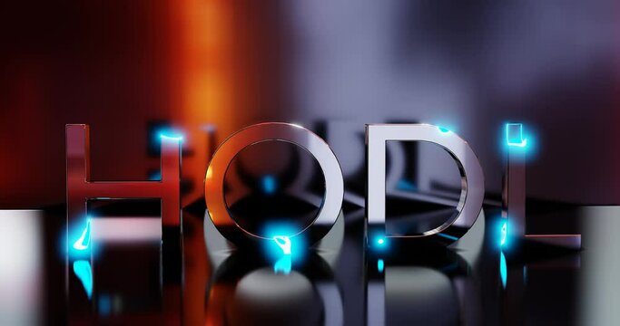 smoothly appearing inscription hodle made of steel in neon light, 3d rendering. the concept of saving financial assets in the stock and cryptocurrency markets