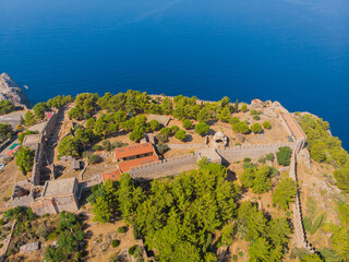Fototapeta premium Alanya fortress. Ich Kale. Internal fortress. Fortress walls. Chilarda-Burnu Peninsula. Alanian mountain. Observation deck. Mediterranean Sea.