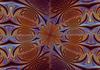 Abstract psychedelic fractal art background of orange, dark red and blue shapes with a central flower and a zig-zag or zipper effect, perhaps suggestive of a marbled painting.