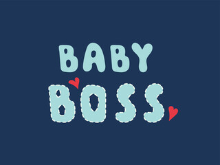 Baby boss handwritten lettering with red hearts on blue background. Decorative print for t-shirts. Vector illustration