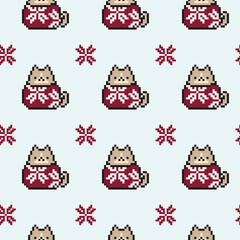 Christmas and New Year seamless pattern with a cute 8-bit cat in a red sweater with a snowflake. Pixel art. Festive background template for wrapping paper, postcards, textiles, fabric, packaging