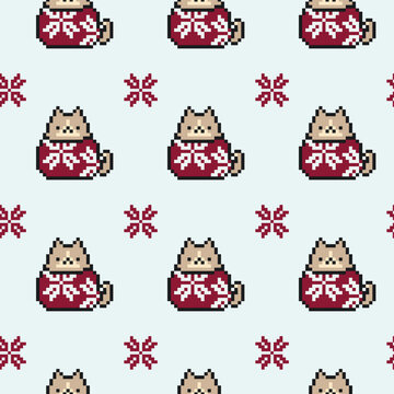 Christmas and New Year seamless pattern with a cute 8-bit cat in a red sweater with a snowflake. Pixel art. Festive background template for wrapping paper, postcards, textiles, fabric, packaging