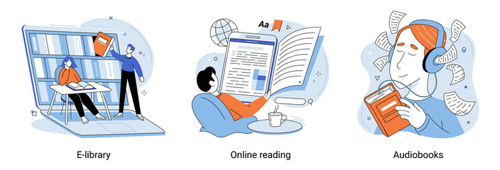 Electronic library, online book storage metaphor. Reading publications, literature via Internet. E-learning and training program for electronic device. People read books with online library mobile app