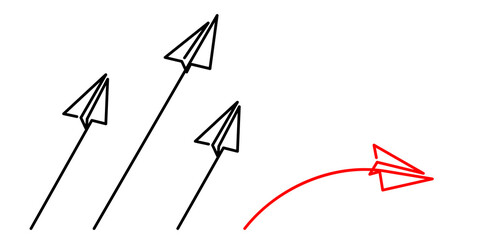 continuous line drawing of paper rocket flying different direction vector illustration. Think differently concept