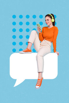 Vertical collage portrait of positive person sitting big dialogue chat icon hold telephone listen music isolated on creative background