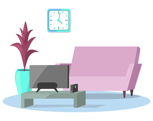 Living room design layout. Interior and arrangement of furniture in apartment. Chair, TV, game console, shelf, potted plant for design of home. Living room decoration with interior elements