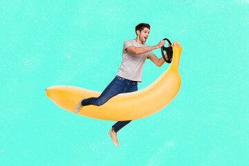 Creative collage picture of excited crazy person sitting hands hold wheel steer huge flying banana...