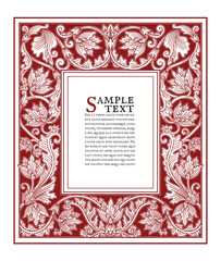 Vector old page decoration, red ink vintage vertical floral frame, antique engraved design element empty frame in art nouveau style - 510813910