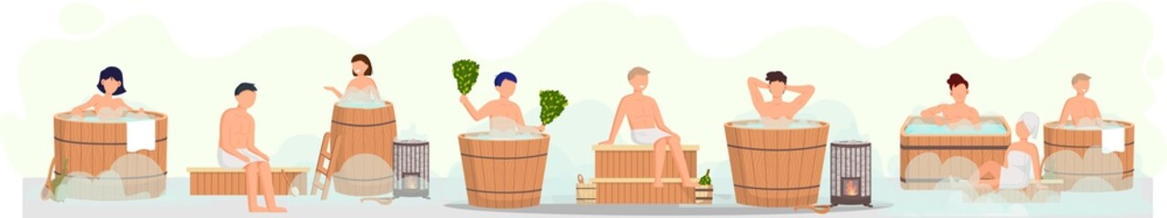Sauna and steam room. Set of people in sauna. People relax and steam with birch brooms in traditional russian stove for female and male. Finnish bathhouse. Public sauna, Friends in spa resort