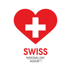 Obraz premium Swiss National Day vector. Flag of switzerland in heart shape icon vector isolated on a white background. Swiss flag heart design element. August 1. Important day