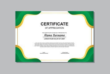 certificate template design in gold and green colors.