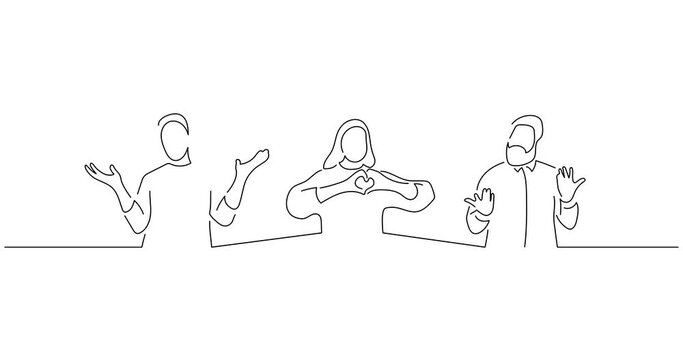 Young people expressing love in line art animation. Video footage of three persons. Black linear video on white background. Animated gif illustration design.