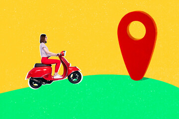 Creative collage portrait of happy person drive moped big gps system navigation destination...