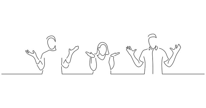 Young people expressing emotions in line art animation. Video footage of three expressive persons. Black linear video on white background. Animated gif illustration design.