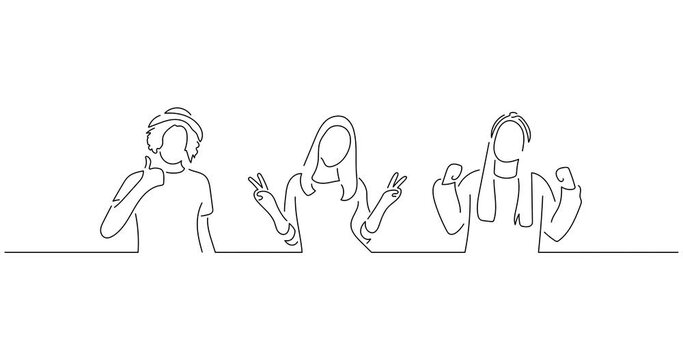 Young people celebrating a win in line art animation. Video footage of three persons raising their arms. Black linear video on white background. Animated gif illustration design.