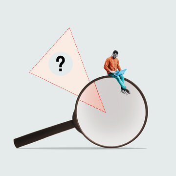 A man with a laptop sits on a magnifying glass. Art collage.