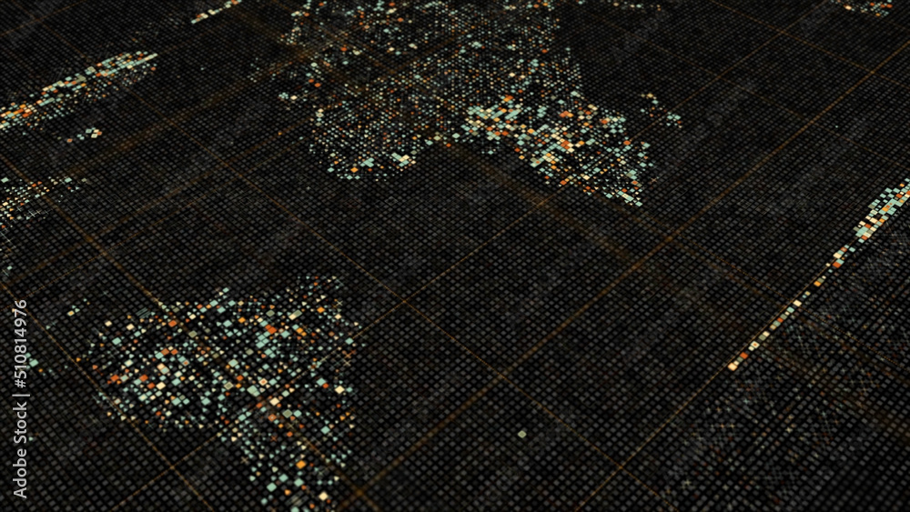 Poster abstract animation of world map in digital screen formed by tiny figures. animation. digital screen 