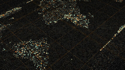 Abstract animation of world map in digital screen formed by tiny figures. Animation. Digital screen with continents flowing slowly on black background, seamless loop.