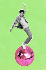 Vertical collage composite image of excited person black white gamma enjoy dancing partying...