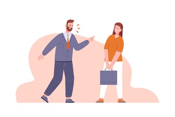 Boss screams on worker. Annoying angry employer shouting woman employee, rude leader man scream voices manager, bad bossing emotional businessman yell