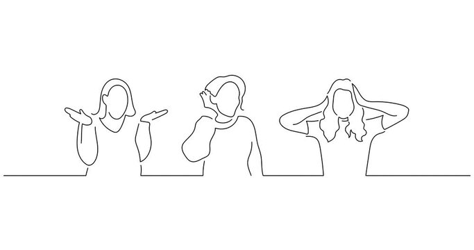 Young people gesturing in line art animation. Video footage of three persons. Black linear video on white background.