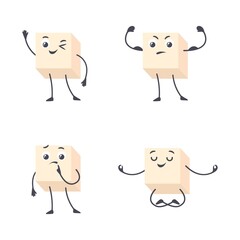 Sugar cube character. Funny cartoon sugars, cute smile cubes mascot, beet meal hands and face, kawaii insulin nutrition emoji, sugaring box diabetes isolated vector illustration
