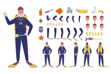 Diver character creation. Man boy in scuba flippers diving mask, swim clothing divers animation snorkeling from boat swimming aqualung summer dive, kit splendid vector illustration © ssstocker