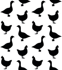 Vector seamless pattern of hand drawn flat chicken and goose silhouette isolated on white background
