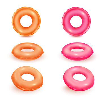 3d inflatable rings. Isolated rubber ring wheel, pool toys swim sea balloons realistic circle lifebuoy for floater swimming buoy tube summer round object tidy vector illustration