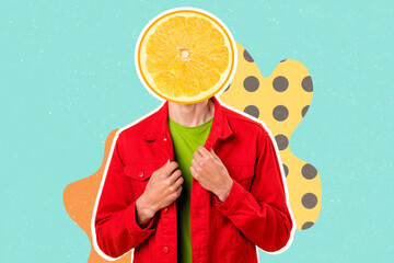 Creative unusual collage photo of headless man have slice of juicy yellow lemon instead of head...