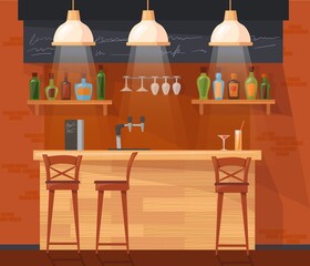 Cartoon pub counter. Bar interior inside cafe or nightclub, bartender table closeup, alcohol beverage liquor wine on shelf, barstool cafe light seat club, neat vector illustration