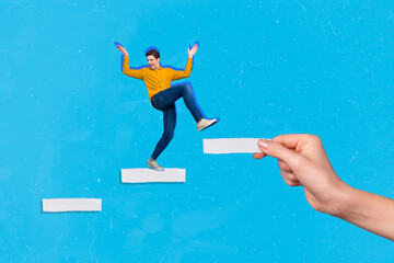 Creative collage picture of huge hand hold make drawing paper stairs excited person dancing next step isolated on blue background