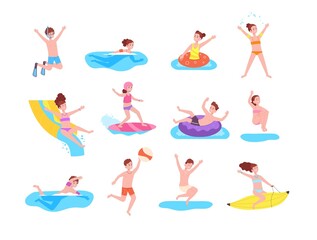 Swimming children in aquapark. Kids summer resort water activities, baby play in pool or sea, girl boy ride waterpark aqua sport outdoor fun amusement, splendid vector illustration