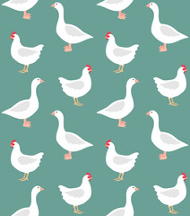 Fototapeta na wymiar Vector seamless pattern of hand drawn flat chicken and goose isolated on green background