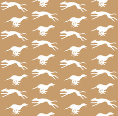 Vector seamless pattern of hand drawn running whippet dog silhouette isolated on brown background