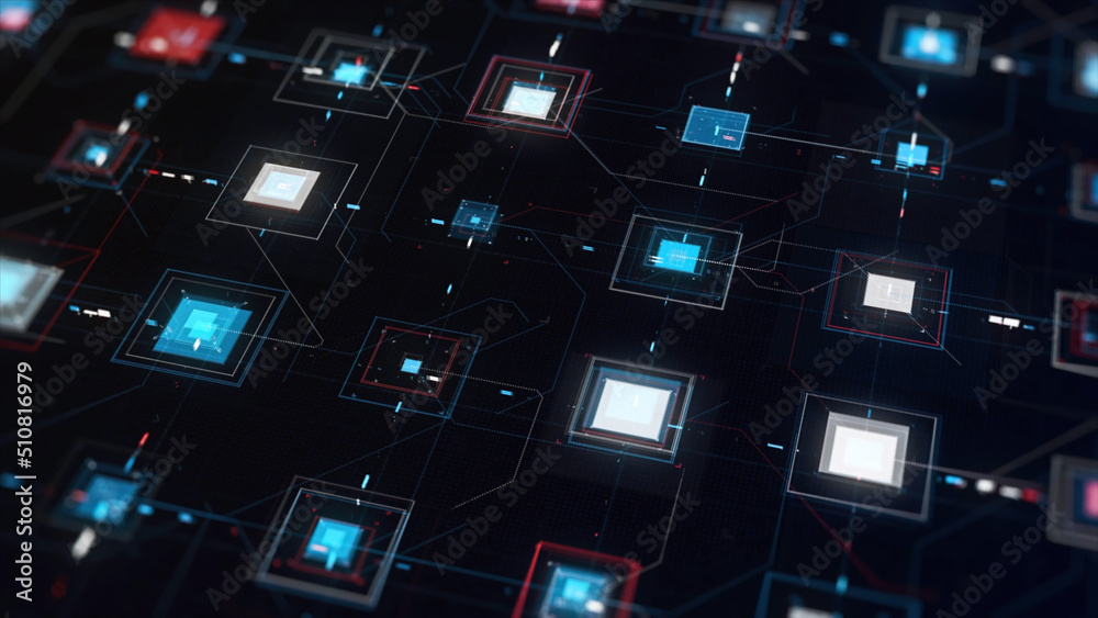 Poster high tech computer circuit board with many signals flowing fast on black background. animation. anim