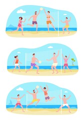 People playing in beach volleyball. Beachvolley on court sea shore sand, friends sport team enjoy play volley games summer activity hands throwing ball splendid vector illustration